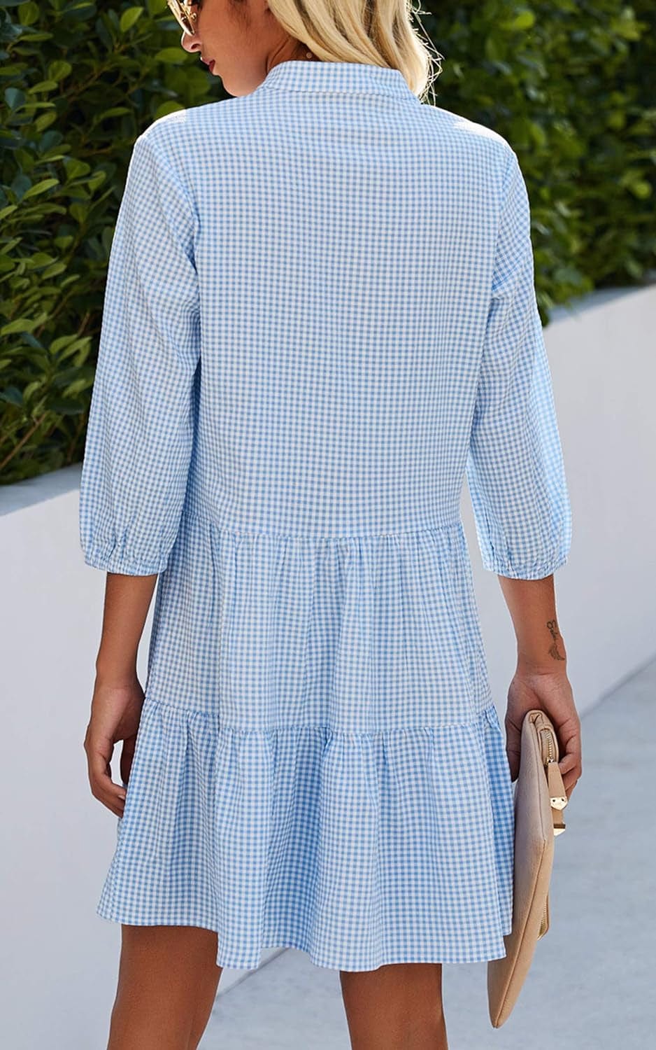 CCTOO Women'S Summer Casual Dresses - V Neck 3/4 Sleeve Button down Loose Flowy Swing Short Shirt Mini Gingham Dress