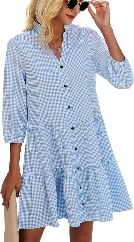 CCTOO Women'S Summer Casual Dresses - V Neck 3/4 Sleeve Button down Loose Flowy Swing Short Shirt Mini Gingham Dress