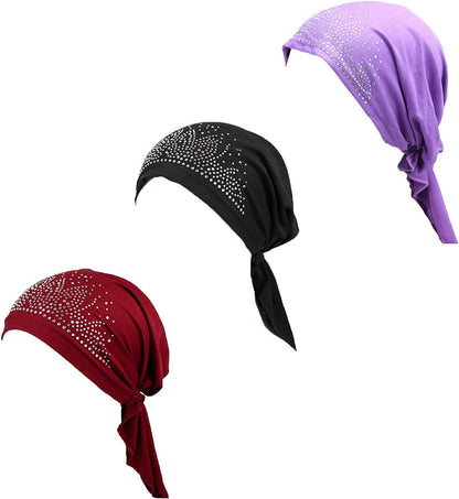 Pre Tied Chemo Head Scarf 3 Packed Beanie Skull Cover Cap for Women (Set6-Long Style) Apparel & Accessories > Clothing Accessories > Bandanas & Headties Qovelly C3-middle Strap-3 Packed  