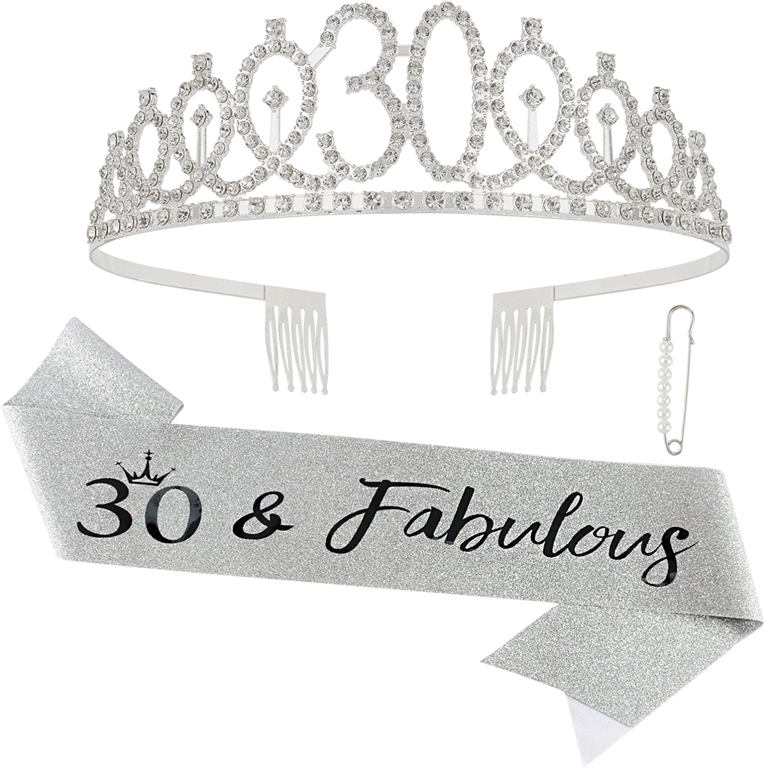CAVETEE Rose Gold 30 & Fabulous Birthday Sash and Crown 30Th Birthday Tiaras and Sash Set for Women Birthday Decorations Birthday Queen Crowns Tiaras for Women Apparel & Accessories > Clothing Accessories > Sashes CAVETEE Silver  