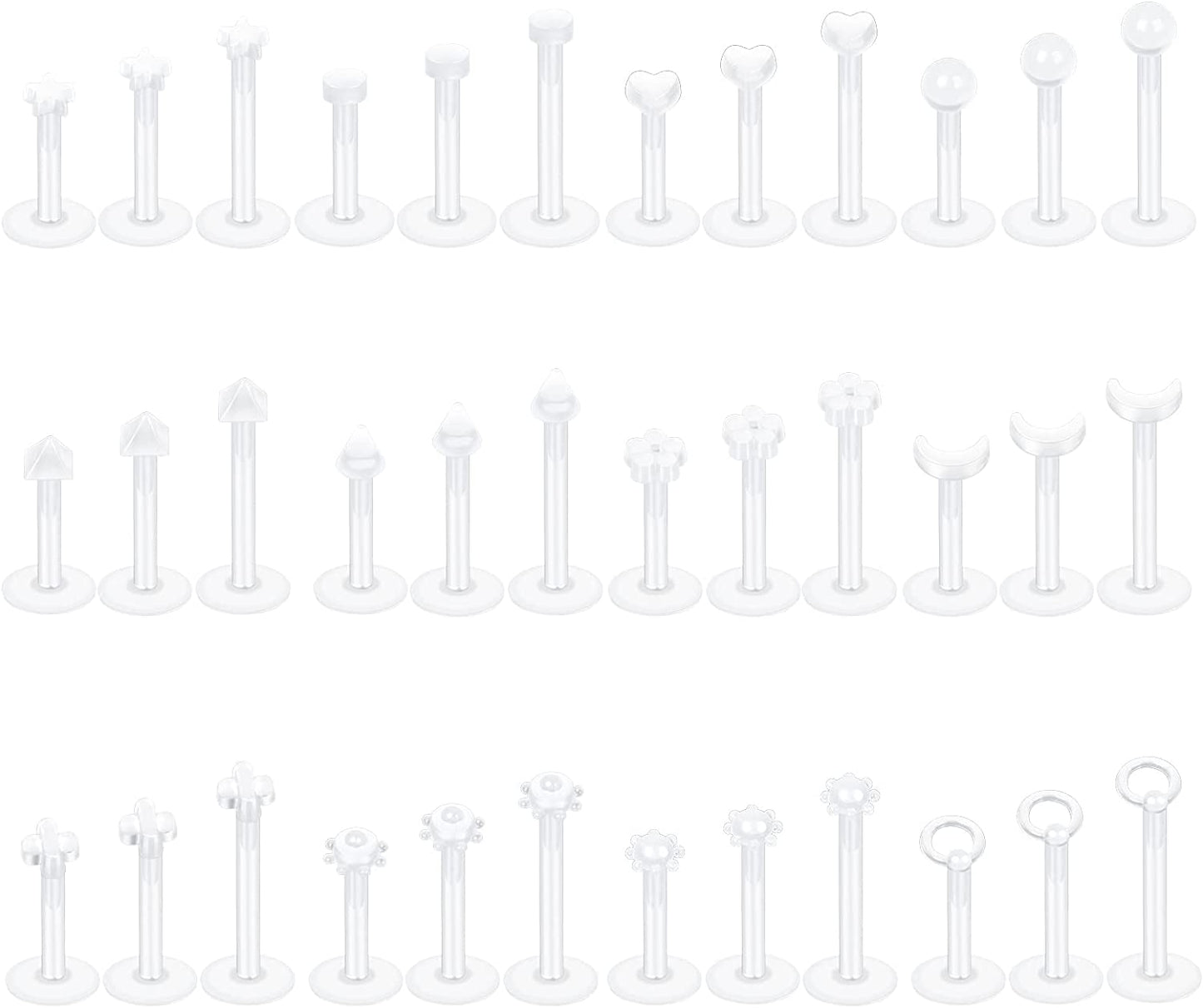 Oveta Clear Piercing Retainers Flexible Bioflex 14G 16G 20G Navel Belly Button Ring Lip Labret Piercings Retainer Eyebrow Tongue Barbells Cartilage Tragus Earrings Retainer 36-90PCS Apparel & Accessories > Jewelry > Body Jewelry Oveta 36pcs Clear Lip Studs  