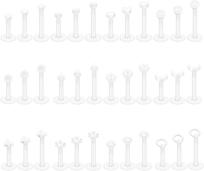 Oveta Clear Piercing Retainers Flexible Bioflex 14G 16G 20G Navel Belly Button Ring Lip Labret Piercings Retainer Eyebrow Tongue Barbells Cartilage Tragus Earrings Retainer 36-90PCS Apparel & Accessories > Jewelry > Body Jewelry Oveta 36pcs Clear Lip Studs  