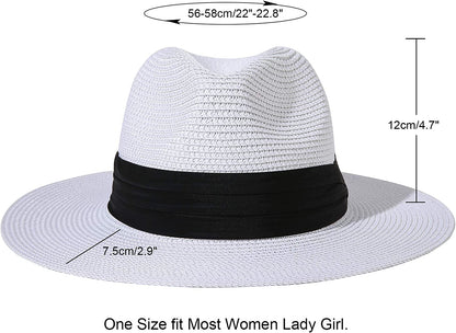 Lanzom Women Wide Brim Straw Panama Roll up Hat Belt Buckle Fedora Beach Sun Hat UPF50+ Apparel & Accessories > Clothing Accessories > Hats Lanzom   