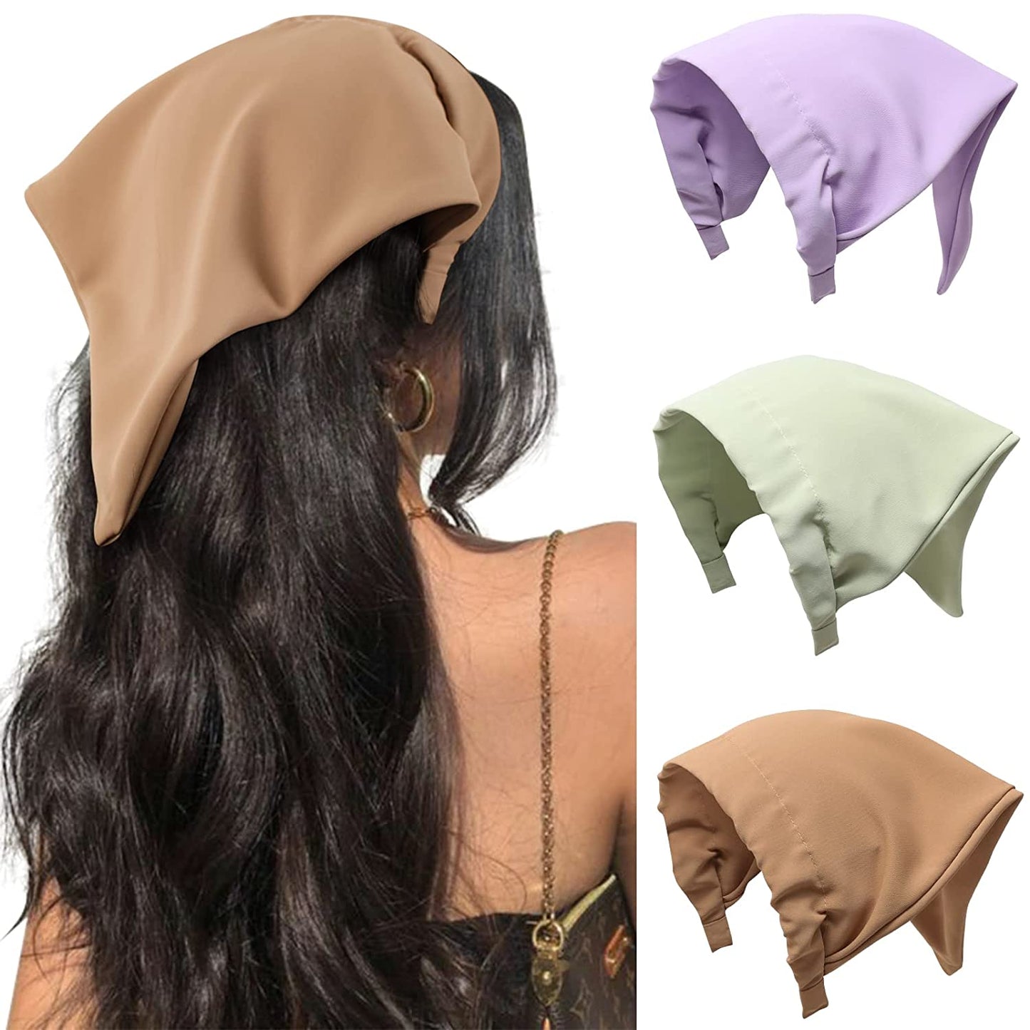 Floral Hair Scarf Headbands for Women - HAIMEIKANG Boho Hair Bandanas Scarf for Women Triangle Head Kerchief Solid Color Hair Bands Vintage Head Scarf (Beige+Yellow+Black) Apparel & Accessories > Clothing Accessories > Bandanas & Headties HAIMEIKANG Purple+green+coffee  