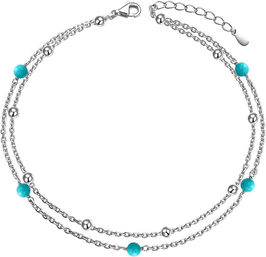 Flyow Anklet for Women S925 Sterling Silver Adjustable Foot Beaded Infinity/Heart/Angel Wing/Turtle Ankle Bracelet Anklets Jewelry Gift Apparel & Accessories > Jewelry > Anklets Silver Light Jewelry turquoise B  
