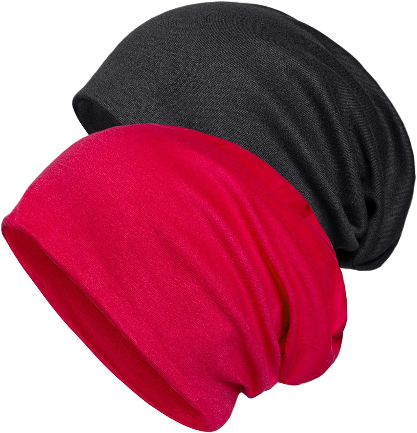 Senker Fashion 2 Pack Cotton Slouchy Beanie Hats, Chemo Headwear Caps for Women and Men Apparel & Accessories > Clothing Accessories > Headwear Senker Fashion Black/Red  