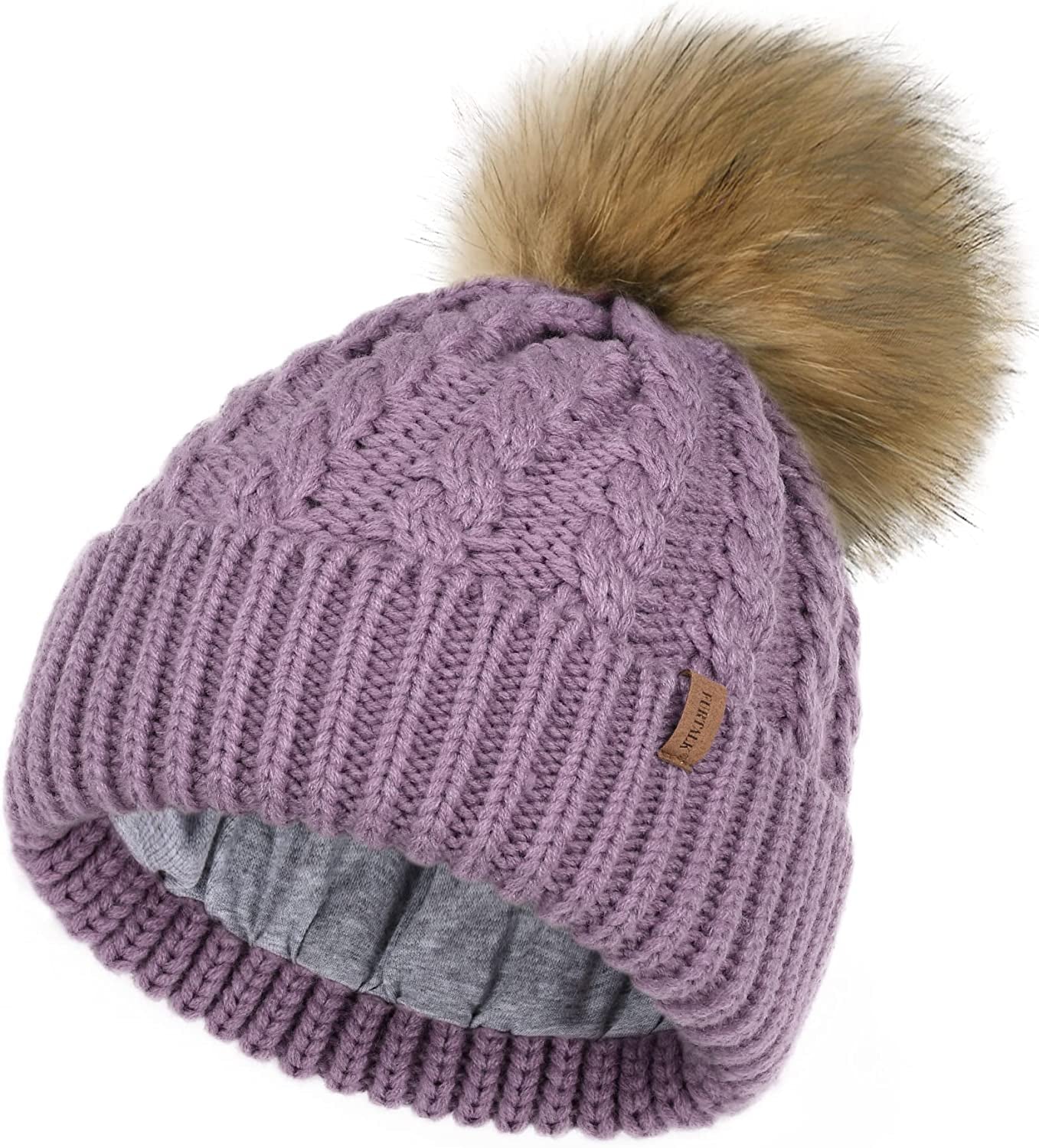 FURTALK Winter Beanie Hat for Women Cotton Lined Faux Fur Pom Pom Hats Womens Warm Thick Knit Skull Cap Apparel & Accessories > Clothing Accessories > Hats KYLIE MAX 34 Purple One Size 