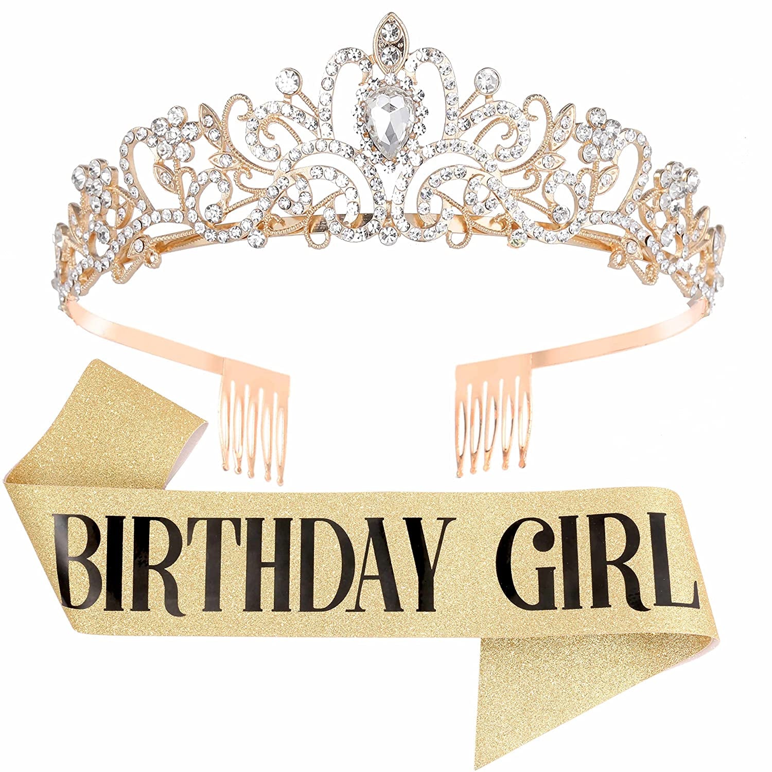 Birthday Girl Sash and Tiara for Women - LETSCARE Birthday Sash & Rhinestone Crown with Comb, Gift Kit for Birthday Decorations & Party Favors(Sliver) Apparel & Accessories > Clothing Accessories > Sashes LetsCare Gold  
