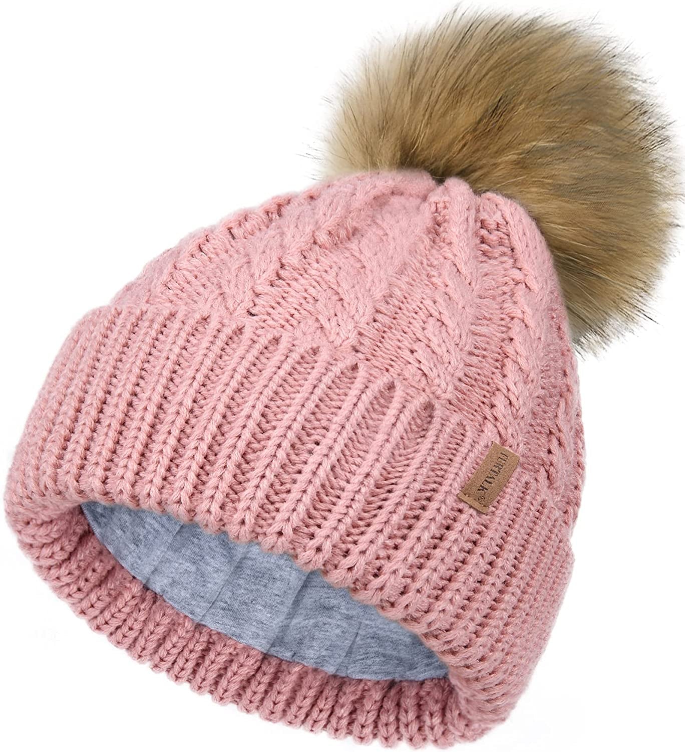 FURTALK Winter Beanie Hat for Women Cotton Lined Faux Fur Pom Pom Hats Womens Warm Thick Knit Skull Cap Apparel & Accessories > Clothing Accessories > Hats KYLIE MAX 38 Light Red One Size 