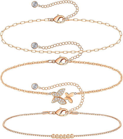Gold Ankle Bracelets for Women 14K Gold Plated Anklet Silver Tennis Butterfly Star Coin Quartz Bead Snake Paperclip Chain Dainty Layered Anklet Set 3Pcs Jewelry Gifts for Teen Girls Apparel & Accessories > Jewelry > Anklets Vermeyen N-Rose Gold-Butterfly  