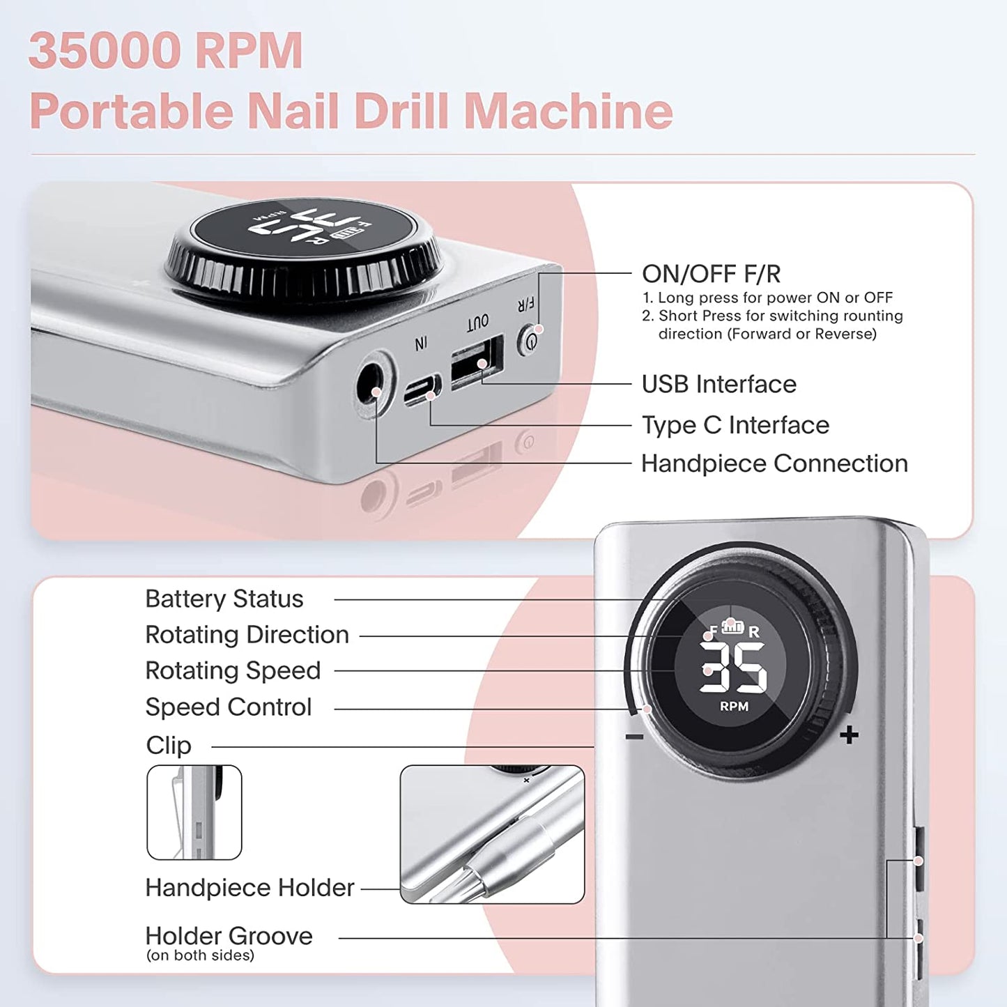 Professional Electric Nail Drill Machine, Portable Rechargeable 35000RPM Nail Drill for Acrylic Gel Nails, Manicure Pedicure Polishing Shape Tools for Home and Salon Use Health & Beauty > Personal Care > Cosmetics > Cosmetic Tools > Nail Tools Caattiilaa   