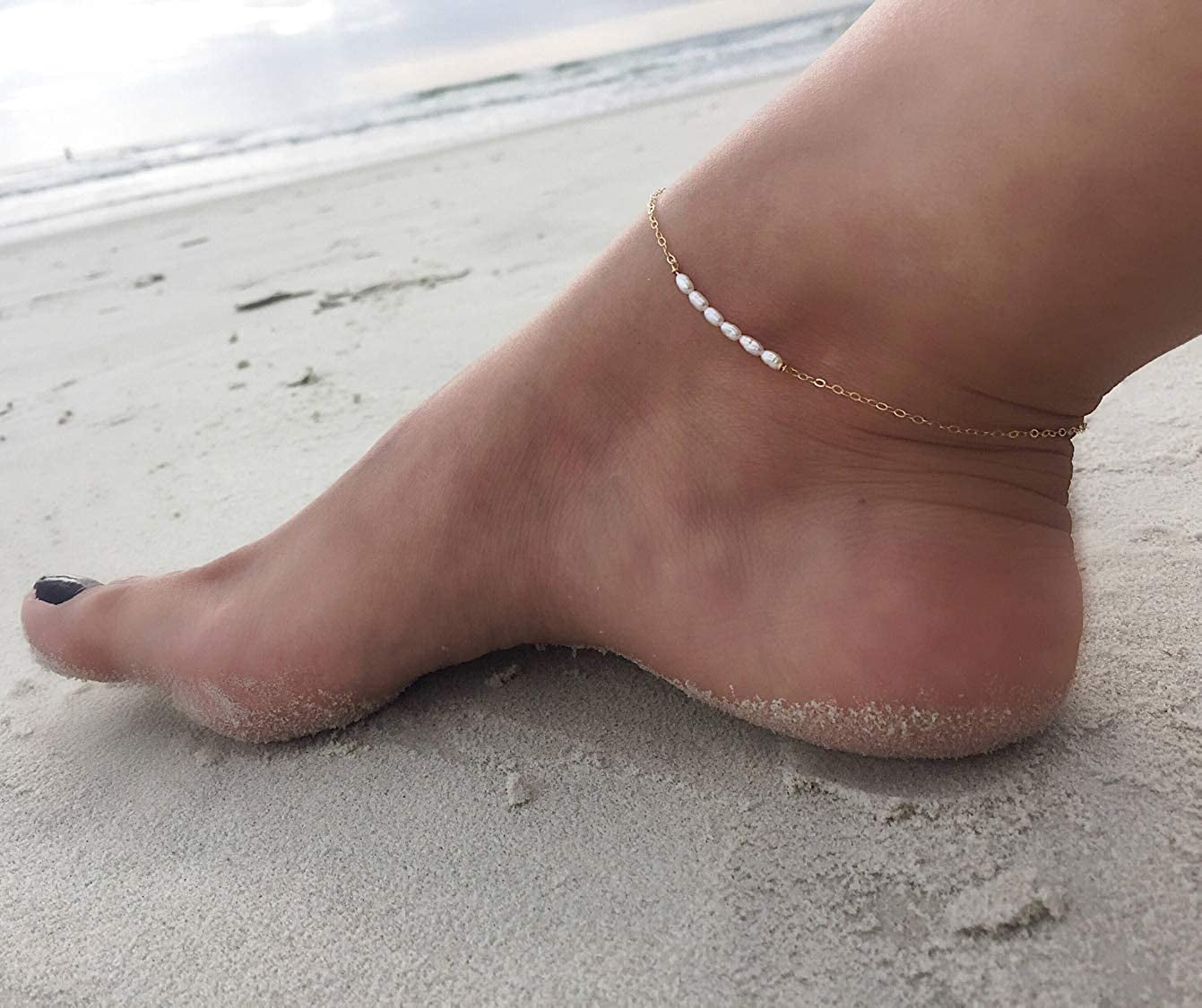 Mevecco Pearl Anklet Handmade 18K Gold Plated Dainty Boho Beach Cute Ankle Bracelet Adjustable Wafer Layered Turquoises Dangle Coins Foot Chain for Women Apparel & Accessories > Jewelry > Anklets Mevecco   