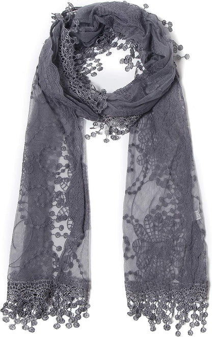 Women'S Lightweight Feminine Lace Teardrop Fringe Lace Scarf Vintage Scarf Mesh Crochet Tassel Cotton Scarf for Women Apparel & Accessories > Clothing Accessories > Scarves & Shawls Tan's Gray  