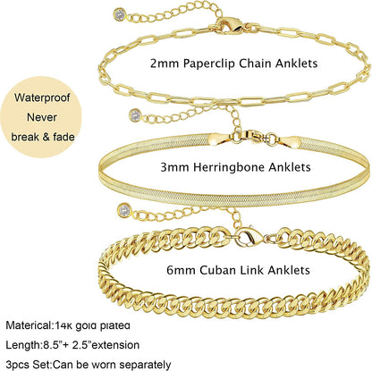 Tewiky Ankle Bracelets for Women, 14K Gold Anklets Layered Gold Herringbone Figaro Tennis Cuban Link Anklet for Women Boho 3PCS Gold Anklet Set Summer Beach Foot Jewelry Gifts for Her Apparel & Accessories > Jewelry > Anklets ANK-02   