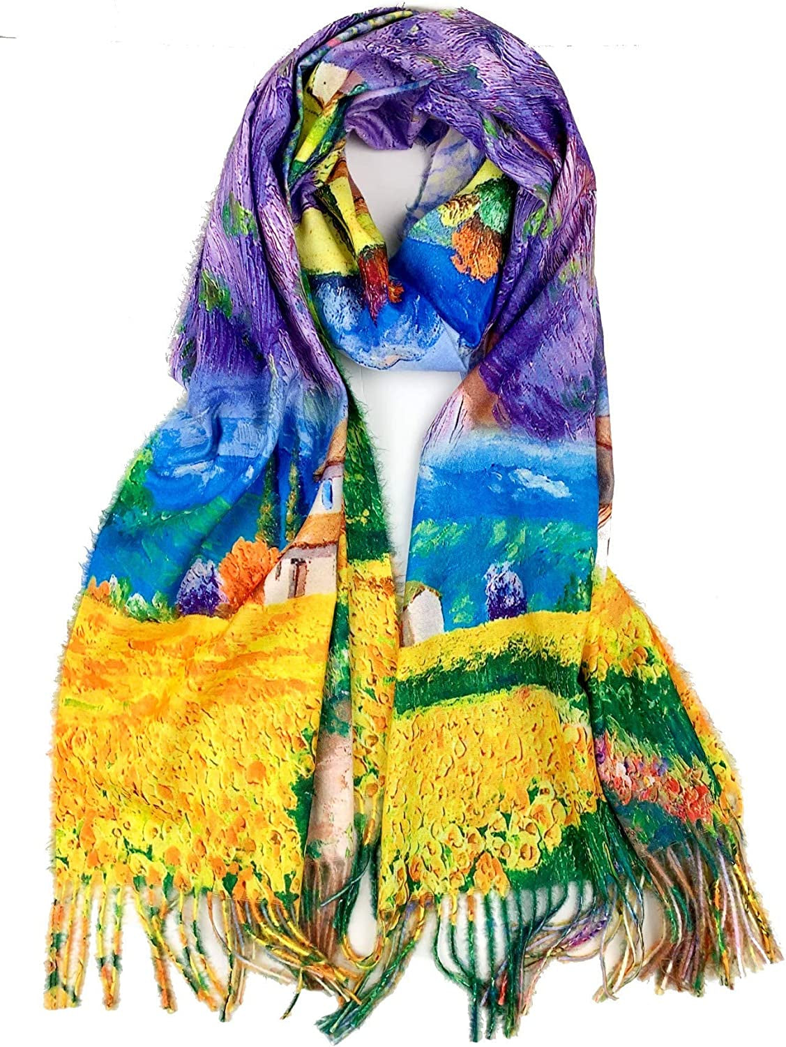 Plum Feathers Super Soft Cashmere Feel Double Sided Reversible Art Shawl Scarf Van Gogh Monet Klimt Inspired Apparel & Accessories > Clothing Accessories > Scarves & Shawls Plum Feathers Lavender Field and House  
