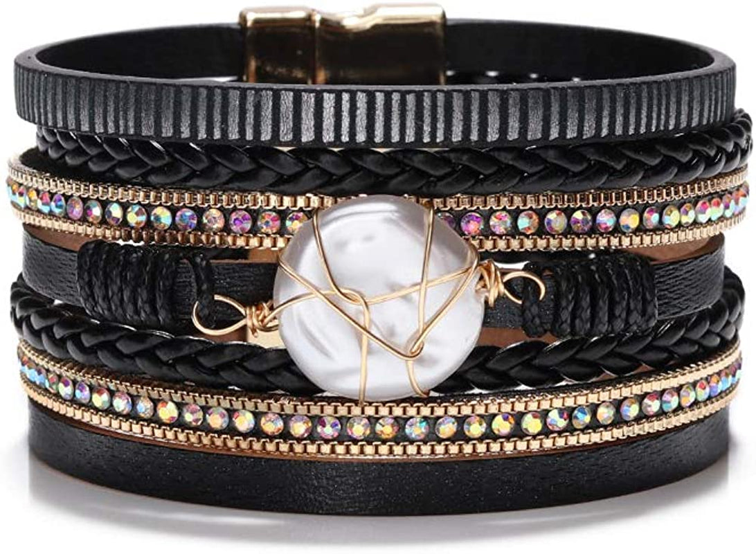 Fesciory Leopard Bracelet for Women Wrap Multi-Layer Leather Bracelet Magnetic Clasp Cuff Bangle Jewelry Apparel & Accessories > Jewelry > Bracelets Fesciory B14-Round Pearl(Black)  
