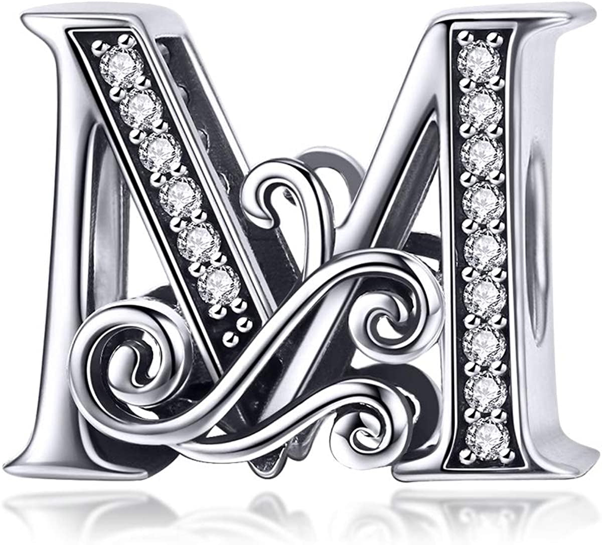 Solid 925 Sterling Silver with Cubic Stones, Complete A~Z Gift Options Alphabet Charm Letter Beads Fit Pandora European Bracelets Apparel & Accessories > Jewelry > Bracelets ABAOLALA ALPHABET M  