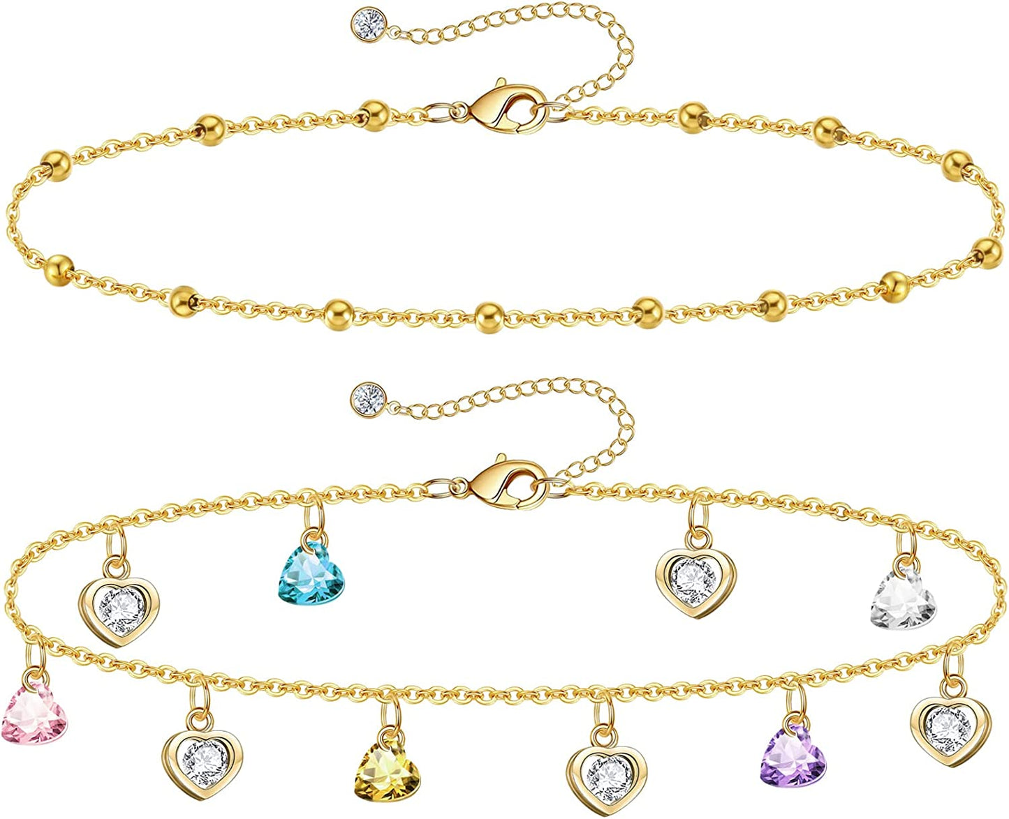 Gold Ankle Bracelets for Women 14K Gold Plated Anklet Silver Tennis Rose Quartz Cross Bead Herringbone Snake Paperclip Chain Cubic Zirconia Dainty Layered Anklet Set 3Pcs Apparel & Accessories > Jewelry > Anklets WeSparking ZC-Yellow Gold-Heart  
