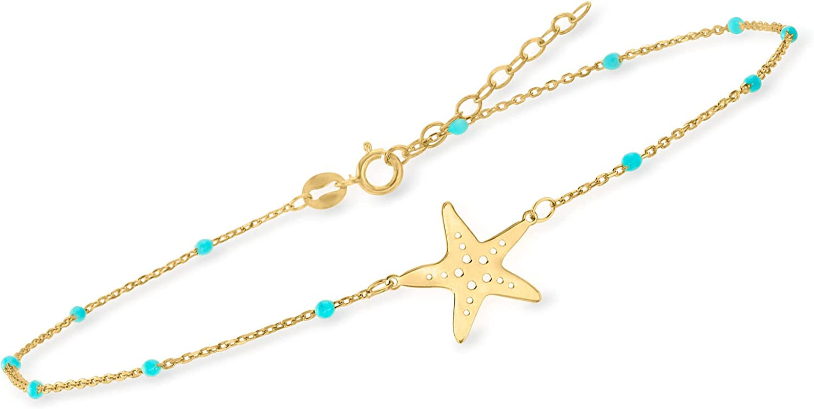 RS Pure by Ross-Simons Italian 14Kt Yellow Gold Starfish and Blue Enamel Station Anklet. 9 Inches Apparel & Accessories > Jewelry > Anklets Ross-Simons   