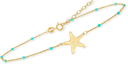 RS Pure by Ross-Simons Italian 14Kt Yellow Gold Starfish and Blue Enamel Station Anklet. 9 Inches Apparel & Accessories > Jewelry > Anklets Ross-Simons   