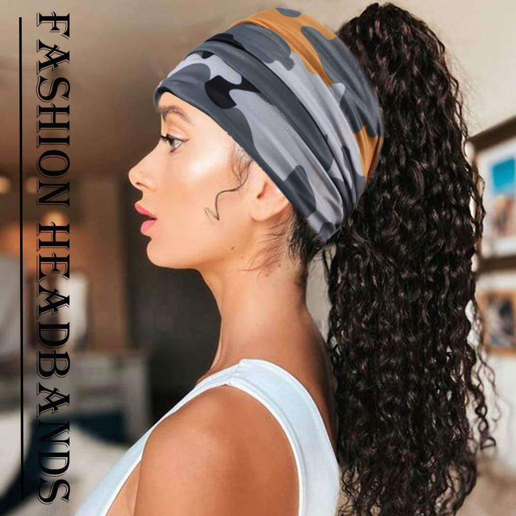 CAKURE Boho Camo Headbands Extra Wide Turban African Head Wraps Stretchy Hairbands Cloth Headband Elastic Yoga Head Scarf Fashion Head Bands for Women and Girls Pack of 4 Apparel & Accessories > Clothing Accessories > Bandanas & Headties CAKURE   