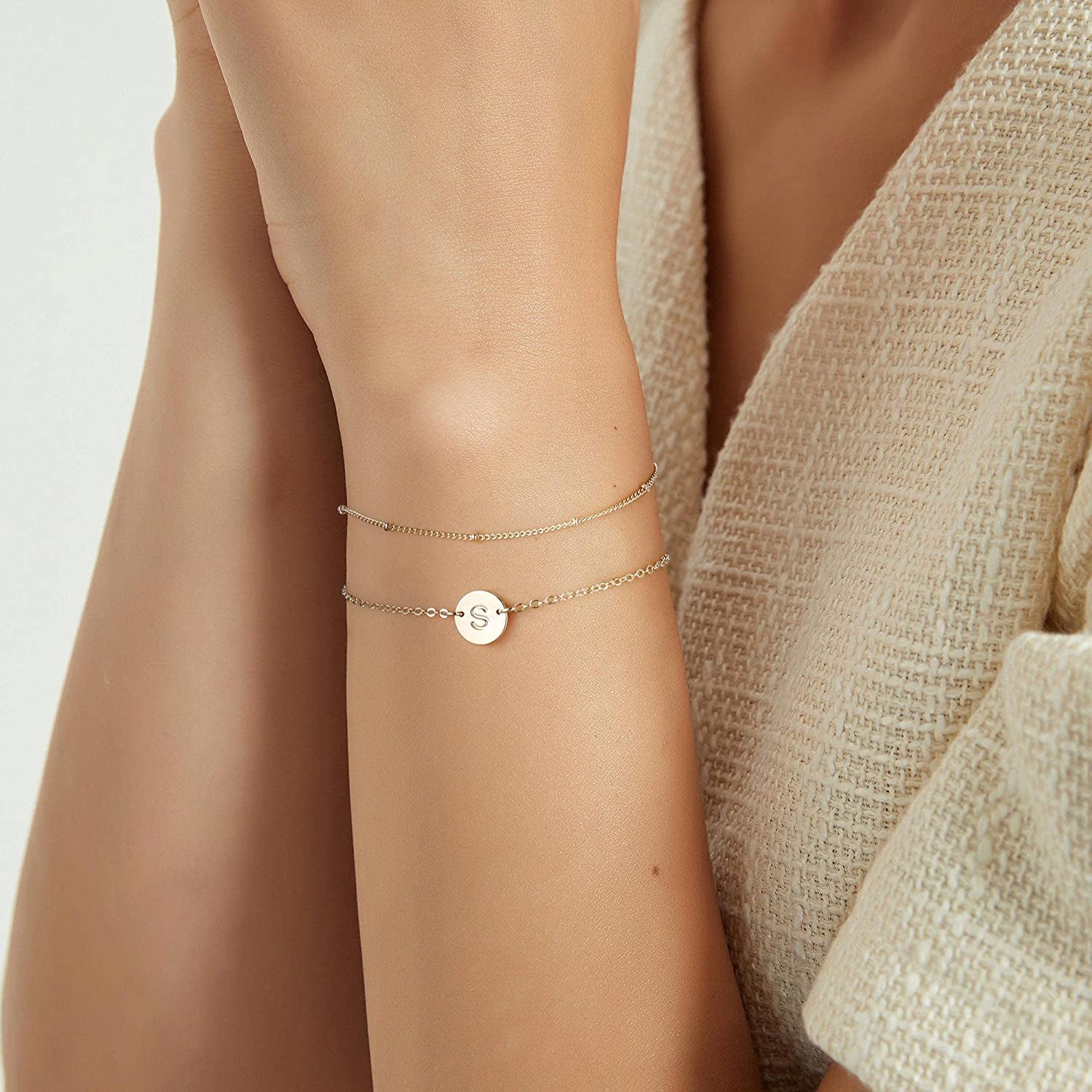 MONOZO Gold Initial Bracelets for Women, Dainty 14K Gold Filled Layered Beaded Letter Initial Bracelet Personalized 26 Alphabet Disc Monogram Charm Bracelet Jewelry Gifts for Girls Apparel & Accessories > Jewelry > Bracelets MONOZO   