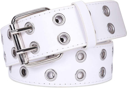 Double Grommet PU Leather Belt for Women/Men Punk Metal Jean Belt Wide 1.5 Inch Apparel & Accessories > Clothing Accessories > Belts XZQTIVE 02 White Fit Pants 22-35inch 