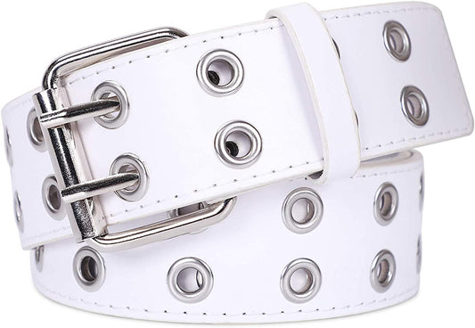 Double Grommet PU Leather Belt for Women/Men Punk Metal Jean Belt Wide 1.5 Inch Apparel & Accessories > Clothing Accessories > Belts XZQTIVE 02 White Fit Pants 22-35inch 