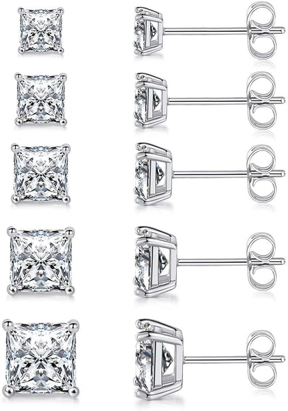 MDFUN 18K White Gold Plated Princess Cut Clear Cubic Zirconia Stud Earring Pack of 5 Pairs Apparel & Accessories > Jewelry > Earrings MDFUN A-White Gold Plated  