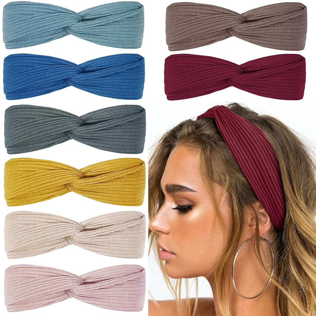 Huachi Headbands for Women Twist Knotted Boho Stretchy Hair Bands for Girls Criss Cross Turban Plain Headwrap Yoga Workout Vintage Hair Accessories, Solid Color, 8Pcs Apparel & Accessories > Clothing Accessories > Bandanas & Headties Huachi Ocean World  