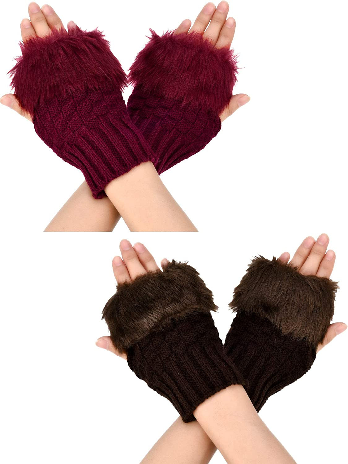 Boao 2 Pairs Fingerless Winter Gloves Short Touchscreen Gloves Thumb Hole Mittens Knitted Warm Gloves with Faux Fur Apparel & Accessories > Clothing Accessories > Gloves & Mittens Boao Red Wine and Coffee  