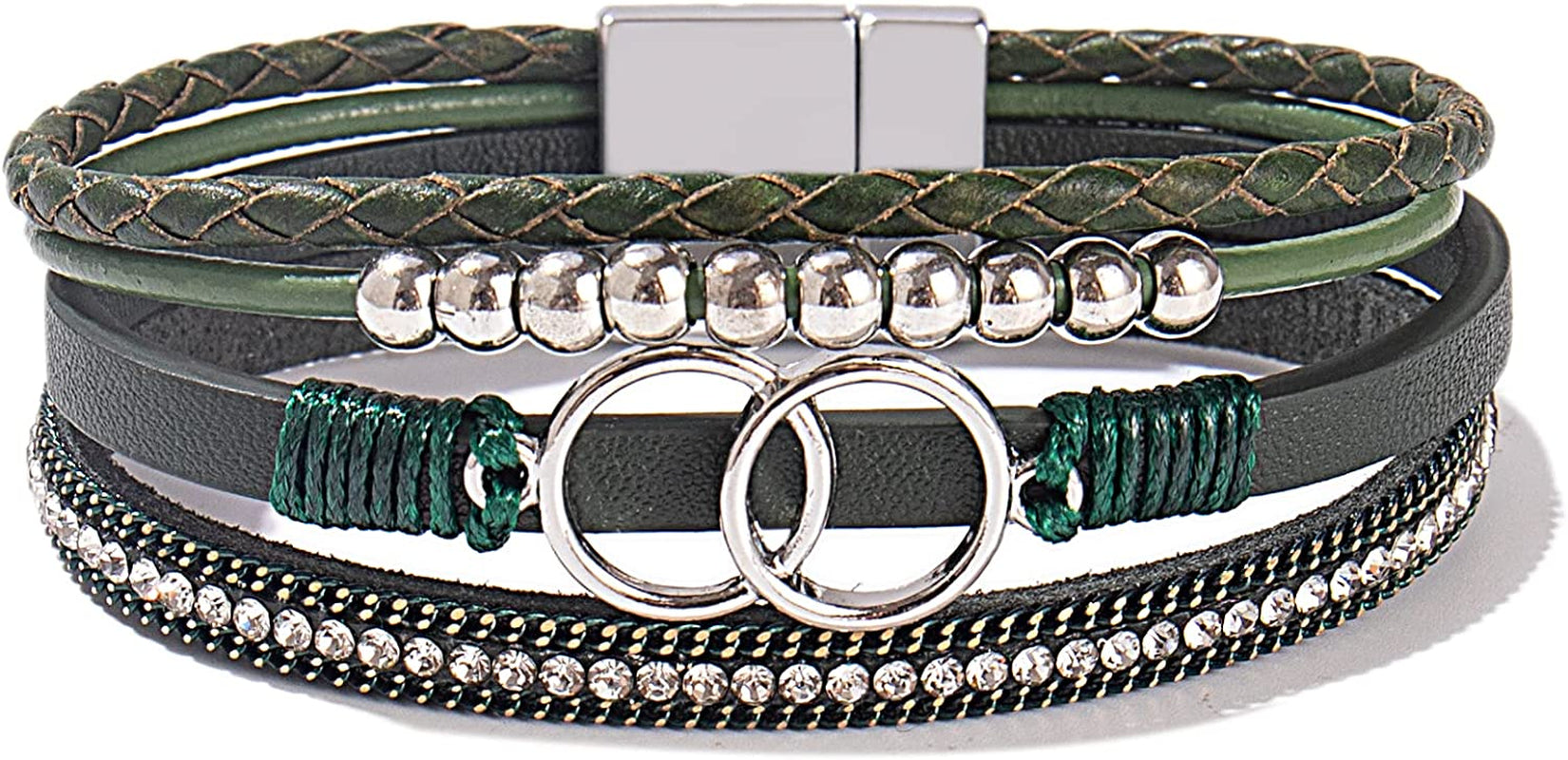 FANCY SHINY Boho Wrap Bracelets Leather Cuff Bangle Gold Beaded Bracelets for Women Stackable Infinity Bracelets Jewelry with Clasp Apparel & Accessories > Jewelry > Bracelets FANCY SHINY Olive Green  