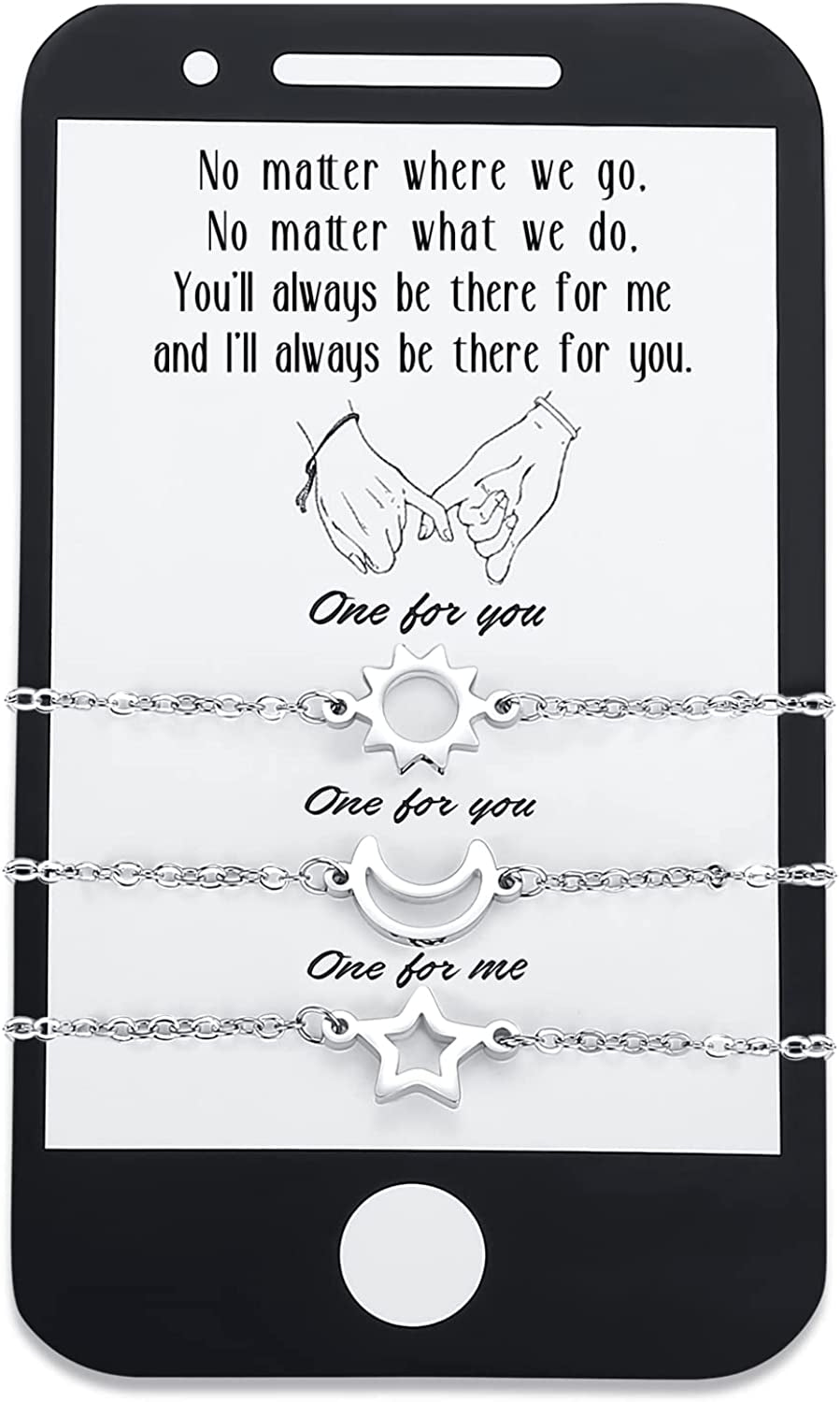 SAM & LORI Unique Matching Bracelets for Best Friends Couples Mother Daughter Son Dad Sisters Brothers-Unisex Adjustable Bracelets- Comes with Cards in Giftable Packing Apparel & Accessories > Jewelry > Bracelets SAM & LORI 2-Sun Moon Star-Silver-Phone Shape Card  