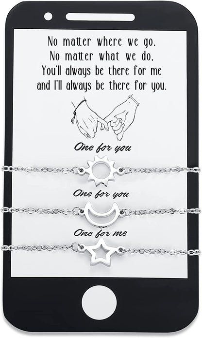 SAM & LORI Unique Matching Bracelets for Best Friends Couples Mother Daughter Son Dad Sisters Brothers-Unisex Adjustable Bracelets- Comes with Cards in Giftable Packing Apparel & Accessories > Jewelry > Bracelets SAM & LORI 2-Sun Moon Star-Silver-Phone Shape Card  