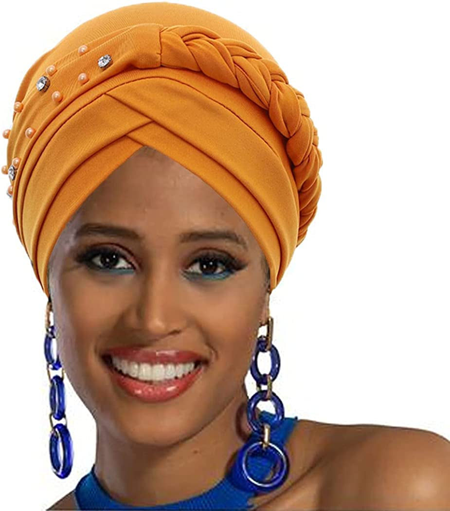 Woeoe Crystal African Head Wrap Yellow Elastic Turban Head Cover for Women and Girls Apparel & Accessories > Clothing Accessories > Headwear Woeoe   