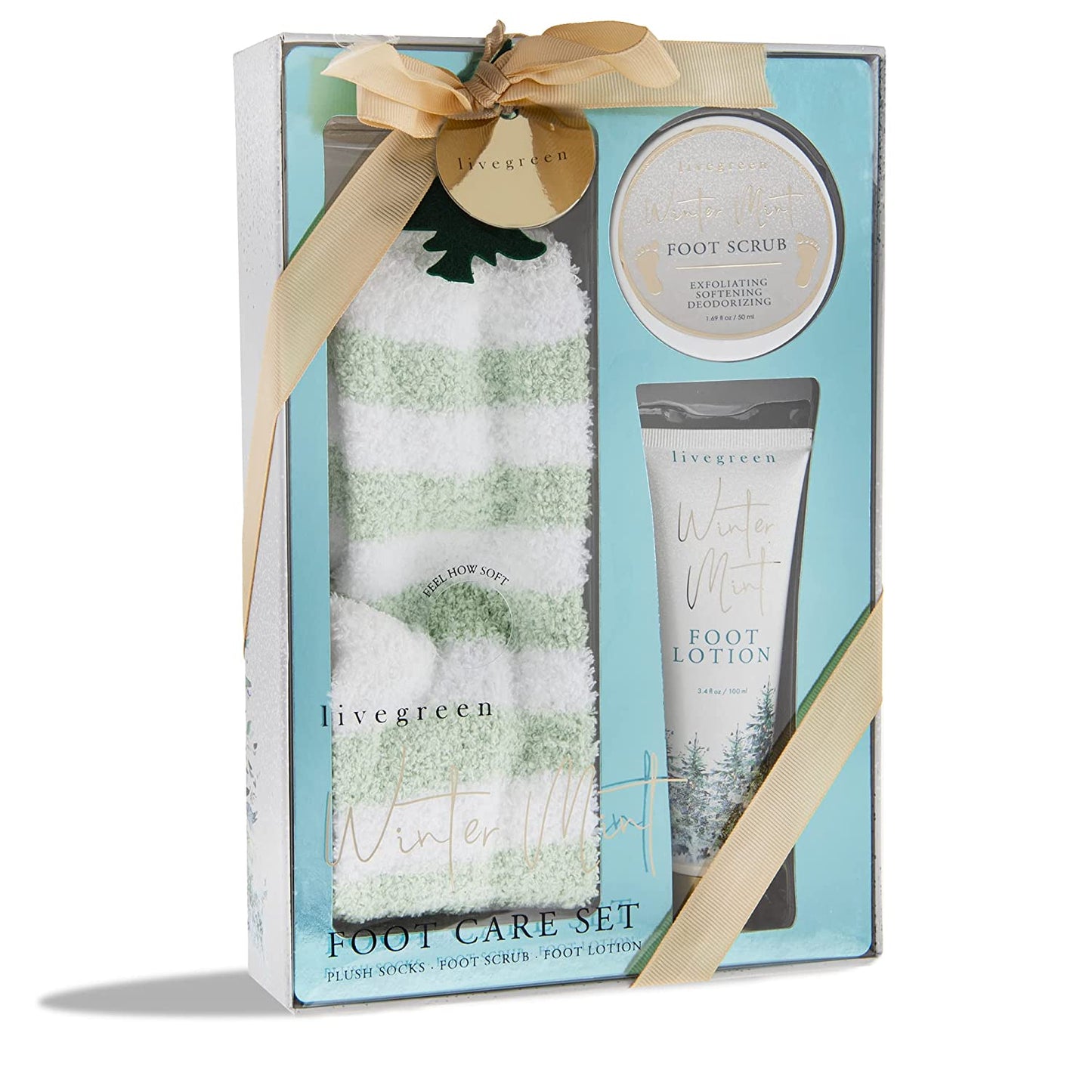 Live Green Bath and Body Pedicure Gift Set- Relaxing Foot Care Set with Pink Fuzzy Socks, Peppermint Foot Lotion, and Foot Scrub, Holiday Gifts for Women Health & Beauty > Personal Care > Foot Care Live Green Winter Mint  