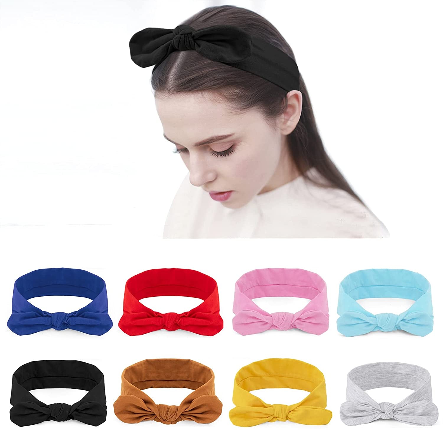 Habibee Women Headbands Hair Bands Turban Headwraps Hair Band Bows Accessories for Fashion or Sport 8 Pcs Headbands for Women Solid Color Apparel & Accessories > Clothing Accessories > Bandanas & Headties habibee Gray, Yellow, Brown, Black, Sky blue, Pink, Red, Blue  