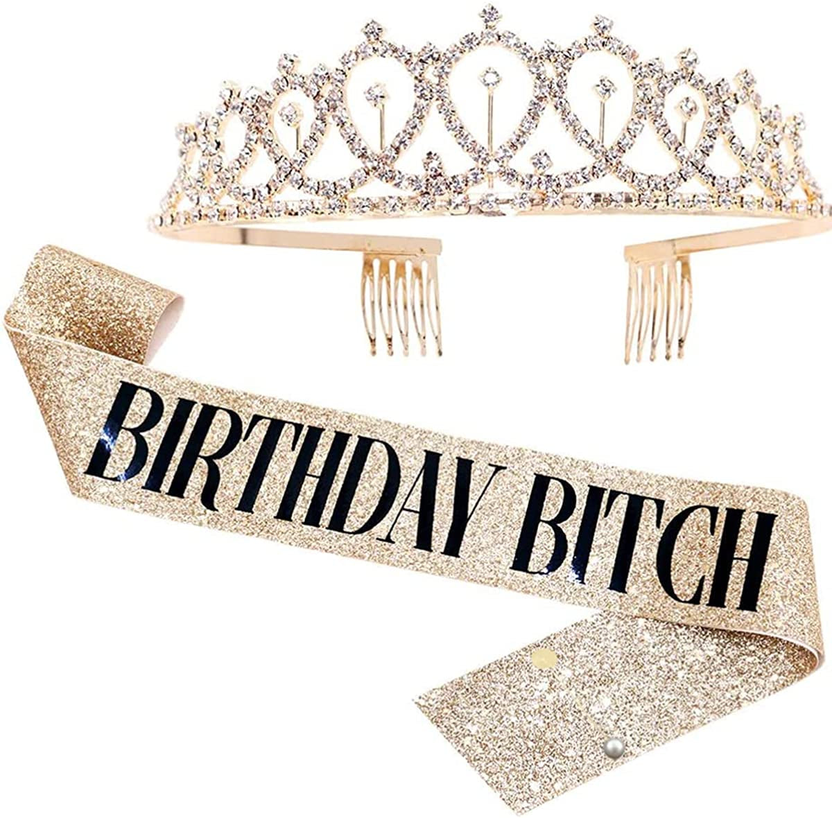 LATFZ Birthday Bitch Sash & Crown Tiara Kit - Black Glitter Birthday Sash Birthday Gifts for Women Birthday Party Supplies Apparel & Accessories > Clothing Accessories > Sashes LATFZ Gold  