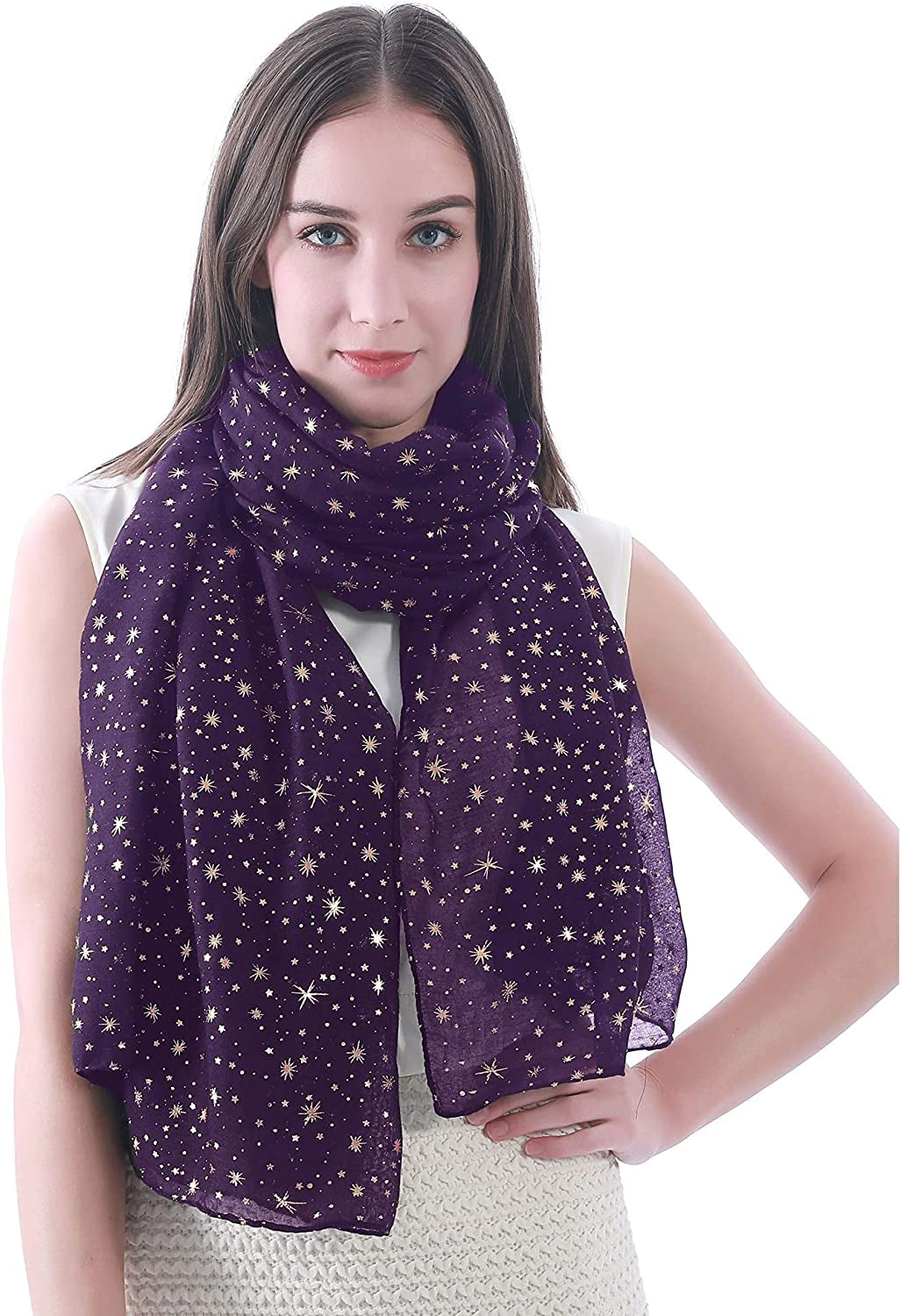 Lina & Lily Silver Gold Glitters Shimmer Foil Stars Women Scarf Shawl Wrap Apparel & Accessories > Clothing Accessories > Scarves & Shawls Lina & Lily Purple (Gold Stars)  