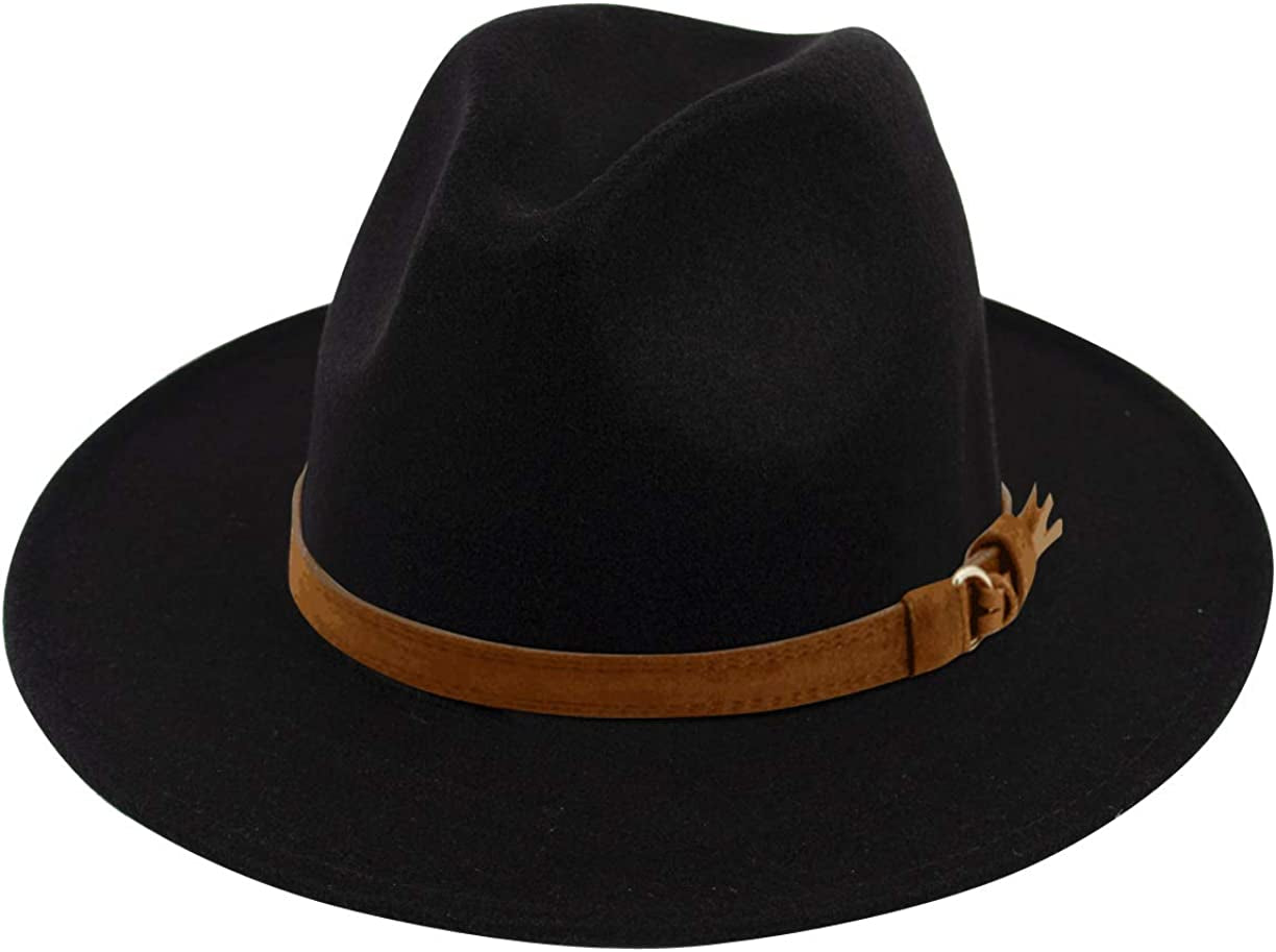 Lanzom Womens Classic Wide Brim Floppy Panama Hat Belt Buckle Wool Fedora Hat Apparel & Accessories > Clothing Accessories > Hats Lanzom Z Buckle Belt-black One Size 