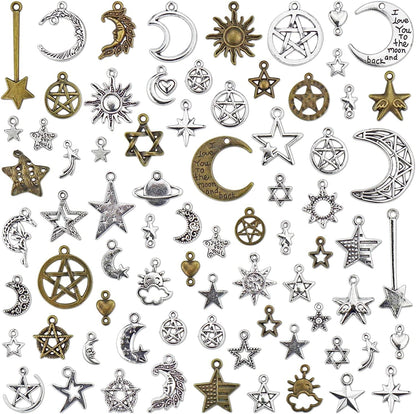 Celestial Mixed Sun Moon Star Charms, Wholesale Bulk Lots Antique Alloy Charms Pendants DIY for Necklace Bracelet Jewelry Making and Crafting, 100G(74Pcs)