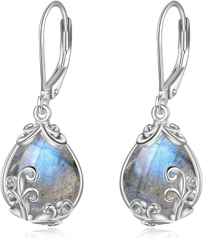 Celtic Moonstone Filigree Teardrop Drop Dangle Earrings Sterling Silver Leverback Earrings Jewelry A-Labradorite Filigree
