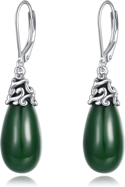 Celtic Moonstone Filigree Teardrop Drop Dangle Earrings Sterling Silver Leverback Earrings Jewelry Jade