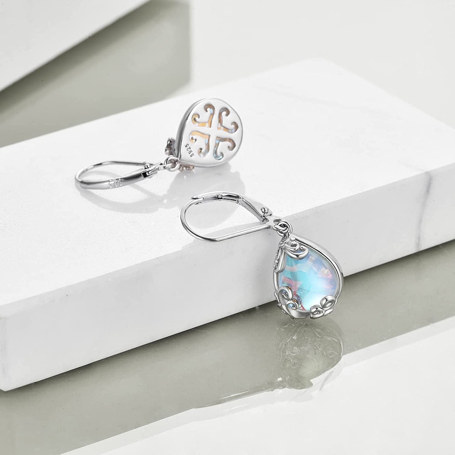 Celtic Moonstone Filigree Teardrop Drop Dangle Earrings Sterling Silver Leverback Earrings Jewelry