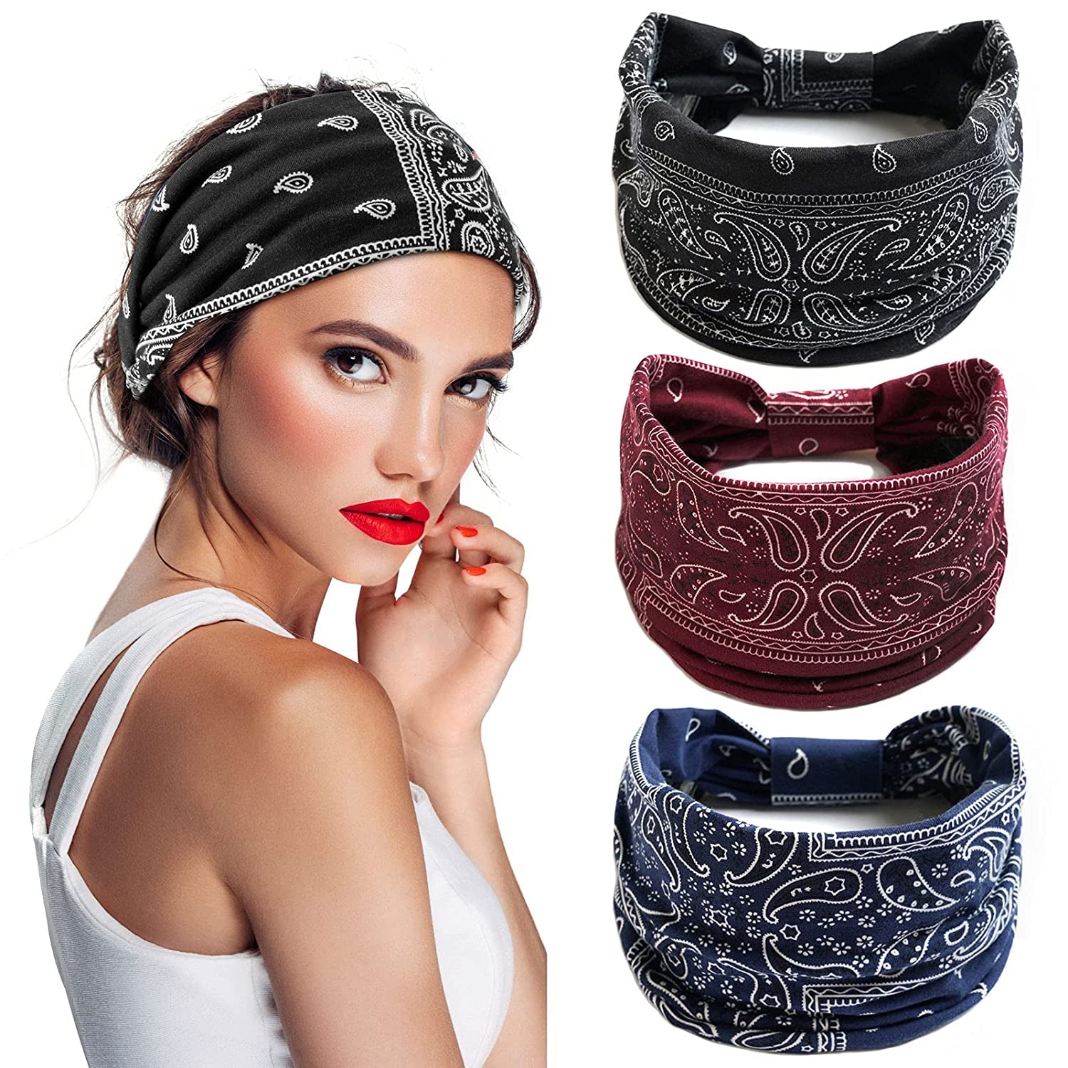 S&N Remille 3 Pack Wide Boho Headbands for Women and Girls, Elastic Turban Head Wrap Non-Slip Hair Bands for Sport Yoga and Running Headband Apparel & Accessories > Clothing Accessories > Bandanas & Headties S&N Remille Set-3  
