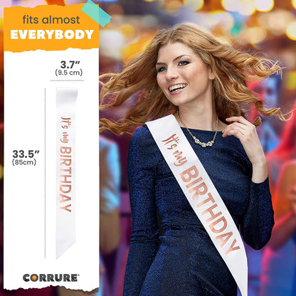 CORRURE 'It'S My Birthday' Sash with Rose Gold Foil - Soft Satin White Birthday Sash for Women - Party Favors Supplies and Decorations for Sweet 16, 18Th 21St 30Th 40Th or Any Happy Bday Party Apparel & Accessories > Clothing Accessories > Sashes Pego Brands General   