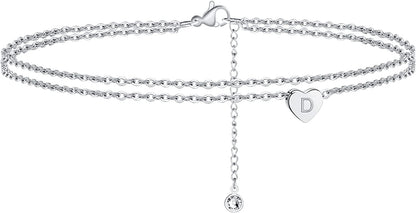 Turandoss Silver Heart Initial Ankle Bracelets for Women, 14K White Gold Filled Handmade Dainty Layered Silver Anklet Letter Initial Heart Ankle Bracelets for Women Silver Summer Foot Beach Jewelry Apparel & Accessories > Jewelry > Anklets Turandoss D  