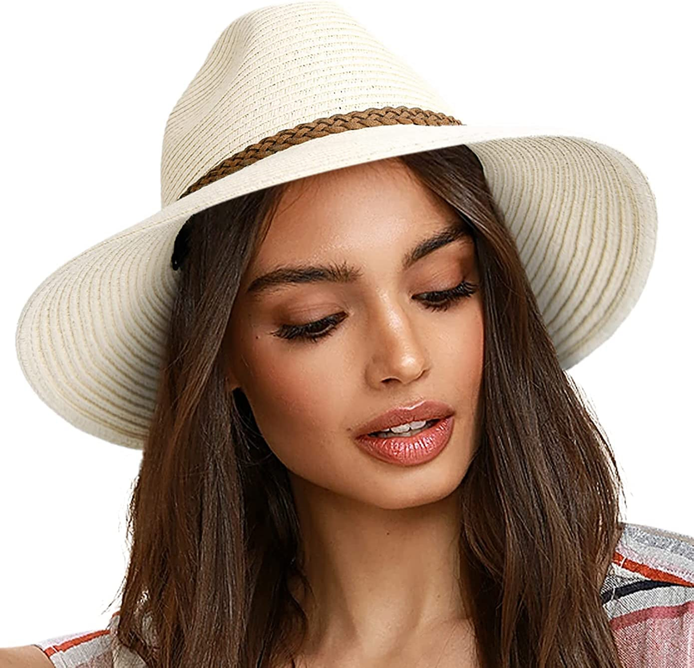 FURTALK Sun Hats for Women Summer Wide Brim UV UPF 50+ Panama Fedora Foldable Packable Straw Beach Hat Ivory Apparel & Accessories > Clothing Accessories > Hats KYLIE MAX Ivory Medium 