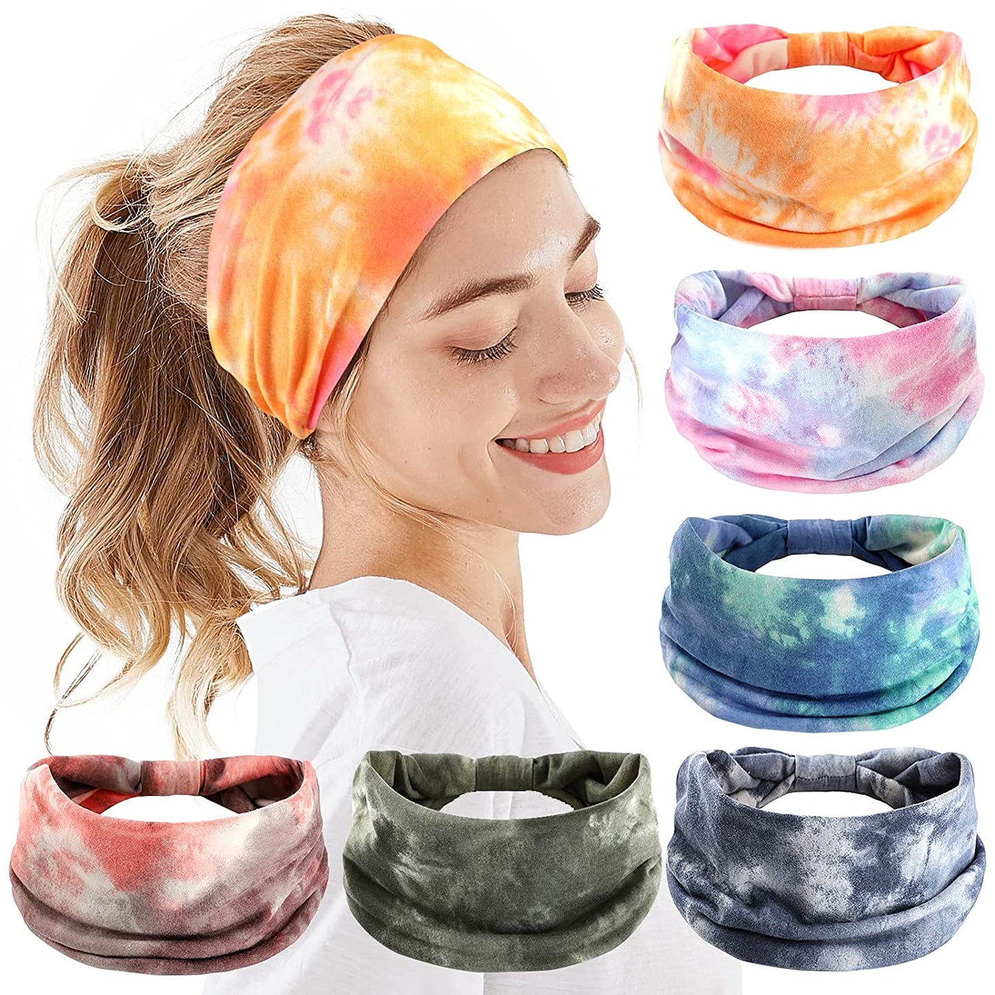 Headbands for Women, 6 PCS Yoga Running Sports Headbands Tie Dye Boho Pattern Elastic Non Slip Sweat Workout Hair Fashion Bands for Girls Apparel & Accessories > Clothing Accessories > Bandanas & Headties OFFTESTY Headbands Color-2  