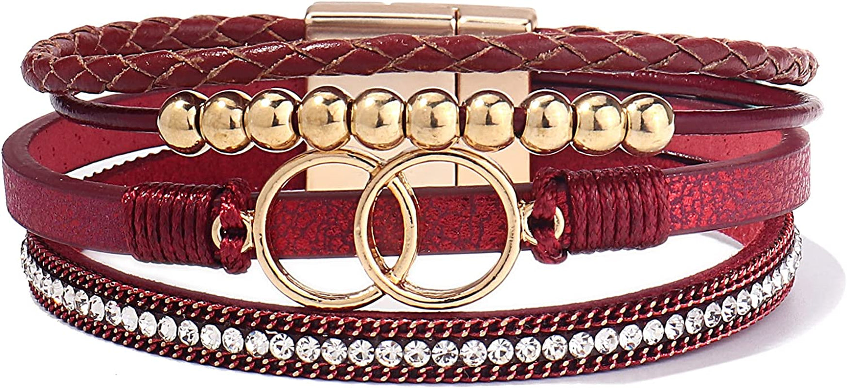 FANCY SHINY Boho Wrap Bracelets Leather Cuff Bangle Gold Beaded Bracelets for Women Stackable Infinity Bracelets Jewelry with Clasp Apparel & Accessories > Jewelry > Bracelets FANCY SHINY Burgundy  